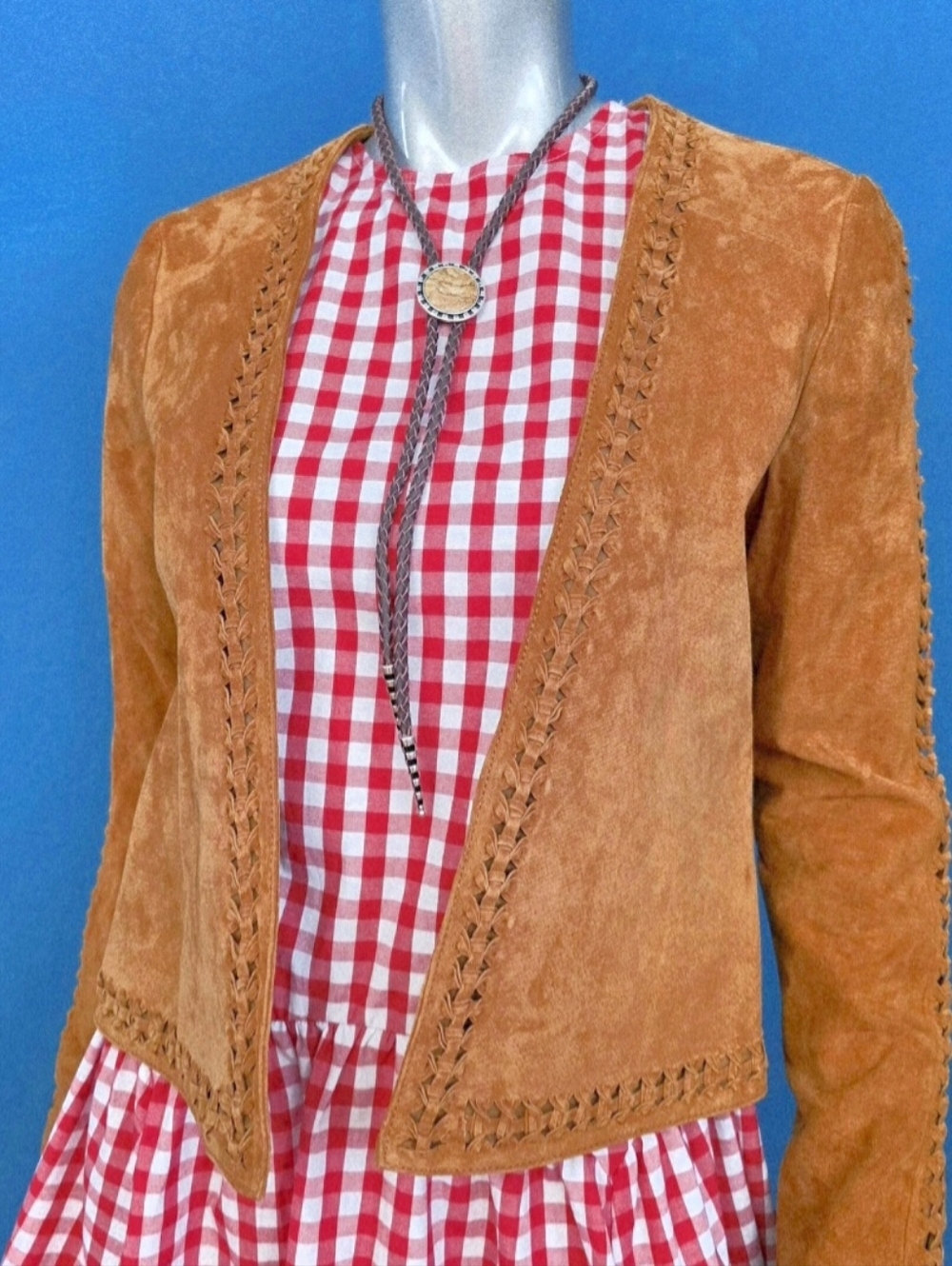 🆕️🤠🐎MANGO Genuine Leather Trena Suede Jacket Collarless w/ Suede Braiding NWT - Picture 16 of 16